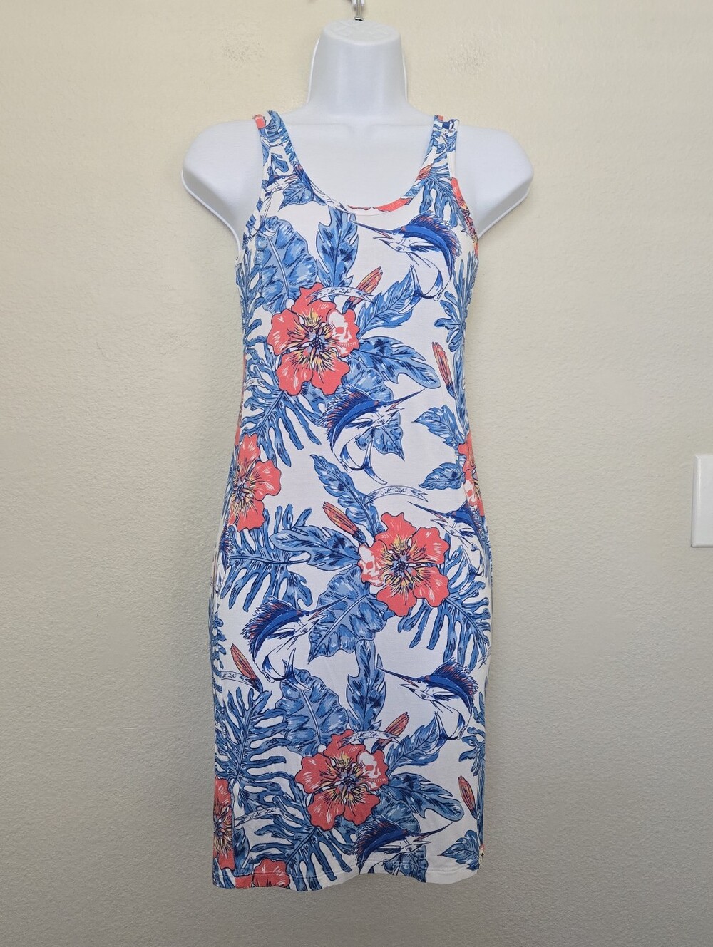 Salt Life Floral Tropical Marlin Bodycon Sundress Size Small Blue Orange